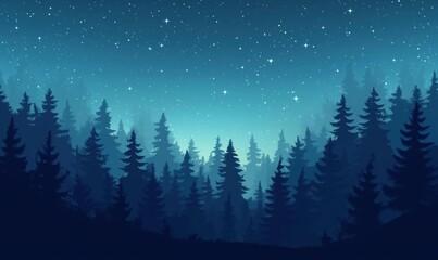 Starry Night Sky Over Dense Forest Silhouette with Blue Hues and Twinkling Stars