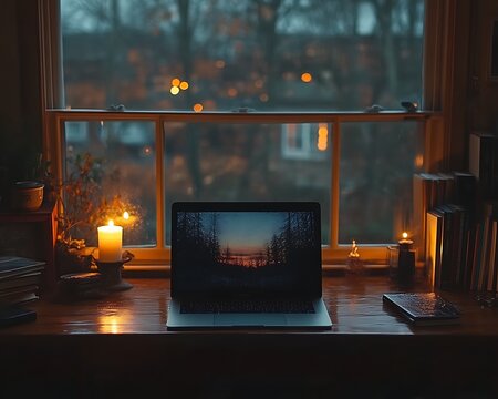 Cozy evening workspace by window with laptop, candles, and books.