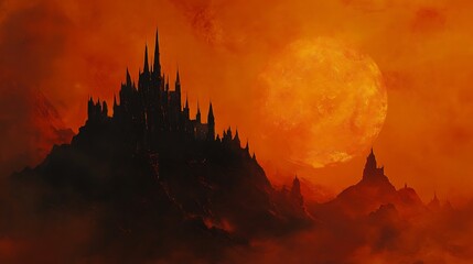 Orange Halloween backdrop featuring a haunting black castle