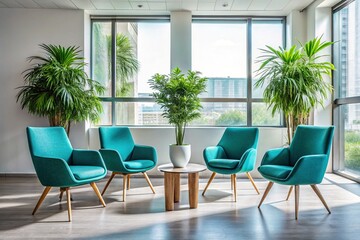 Fototapeta premium Modern Waiting Area: Four Teal Chairs, Plant, Bright Interior