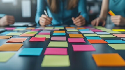 Naklejka premium A group collaborates around a table covered with colorful sticky notes, emphasizing brainstorming and creative thinking.