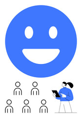 Large happy face emotion, six simple human figures, person holding a tablet. Ideal for teamwork, leadership, performance reviews, employee satisfaction, positive feedback, workplace morale