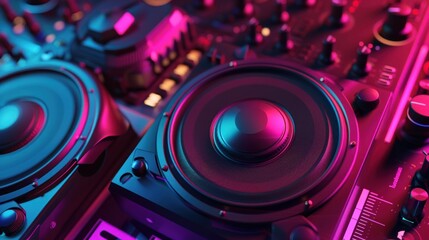 Neon-lit speakers, music mixer, studio, vibrant background, party promotion