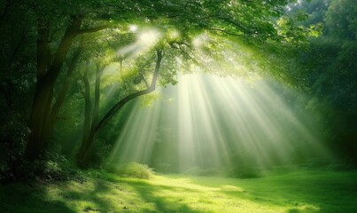 Obraz premium Sunlight Streaming Through Lush Green Forest Canopy Illuminating Serene Meadow