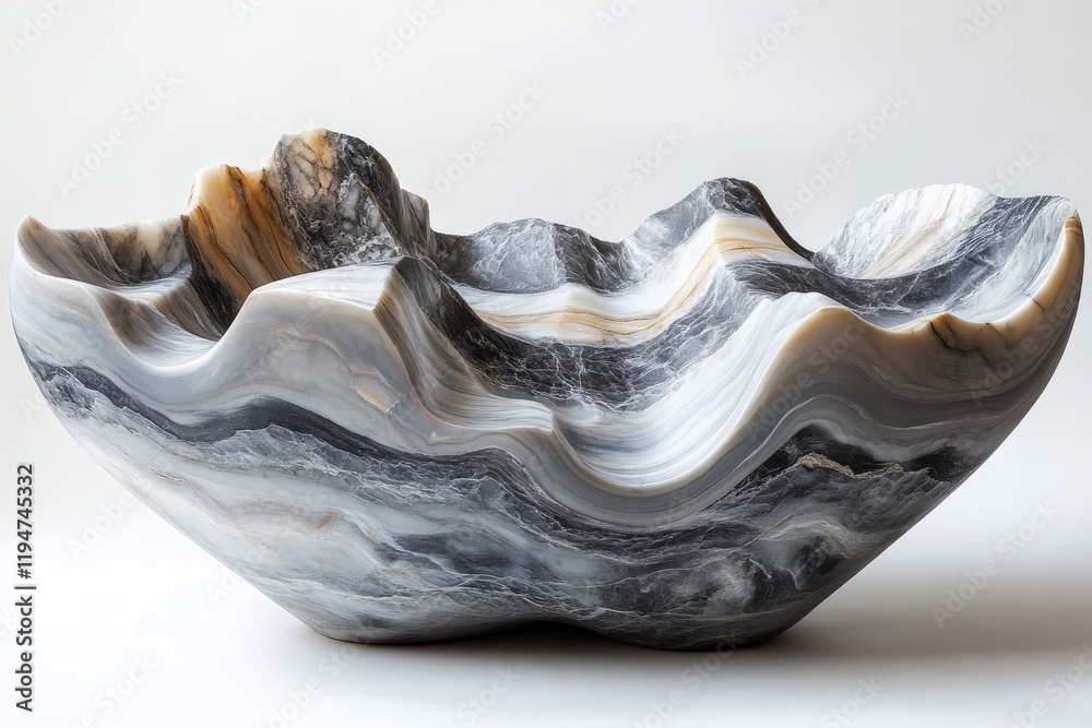 Poster A mesmerizing carved stone sculpture showcasing elegant marbled patterns and fluid undulating curves, conveying natural beauty and artistic expression.