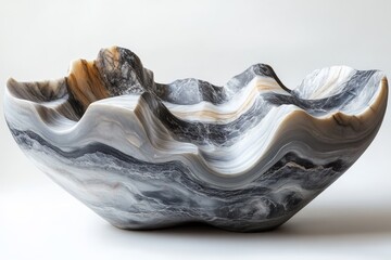 A mesmerizing carved stone sculpture showcasing elegant marbled patterns and fluid undulating curves, conveying natural beauty and artistic expression.