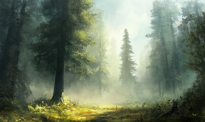 Obraz premium Misty forest landscape with towering trees and soft sunlight filtering through foliage, creating an ethereal atmosphere