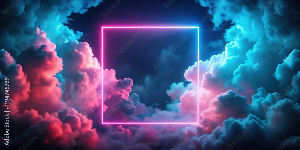 Poster neon glow square frame in a dreamlike cloudscape