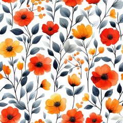 Bright and Cheerful Floral Watercolor Pattern with Vibrant Flowers, Leaves, and Delicate Dots on a White Background