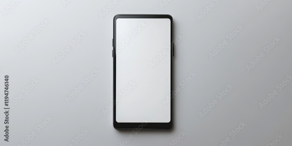 Poster a close-up shot of a black phone with a white screen on a gray surface, great for technology and des