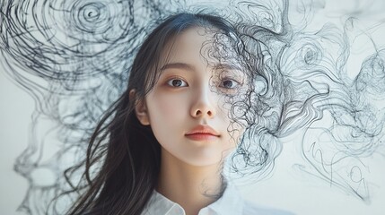 Conceptual artwork of a young Asian woman's half head with swirling doodles representing inner conflict and emotional growth. Ideal for psychology and mindfulness.