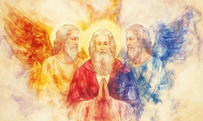 Fototapeta premium Divine Trinity Depiction with Three Angels in Watercolor Style, Radiant Colors, Spiritual Symbolism, Serene Atmosphere