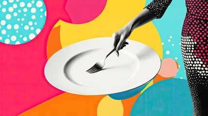 Creative abstract template graphics collage image of utensil putting mini lady big plate isolated colorful background