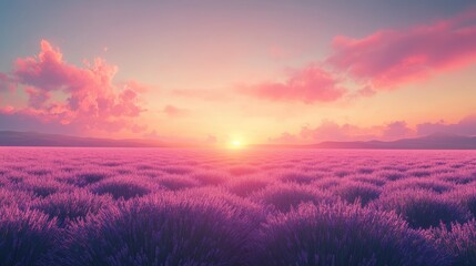 Obraz premium A wide-angle shot of a lavender field illuminated by the warm glow of a setting sun, ideal for calming canvas prints