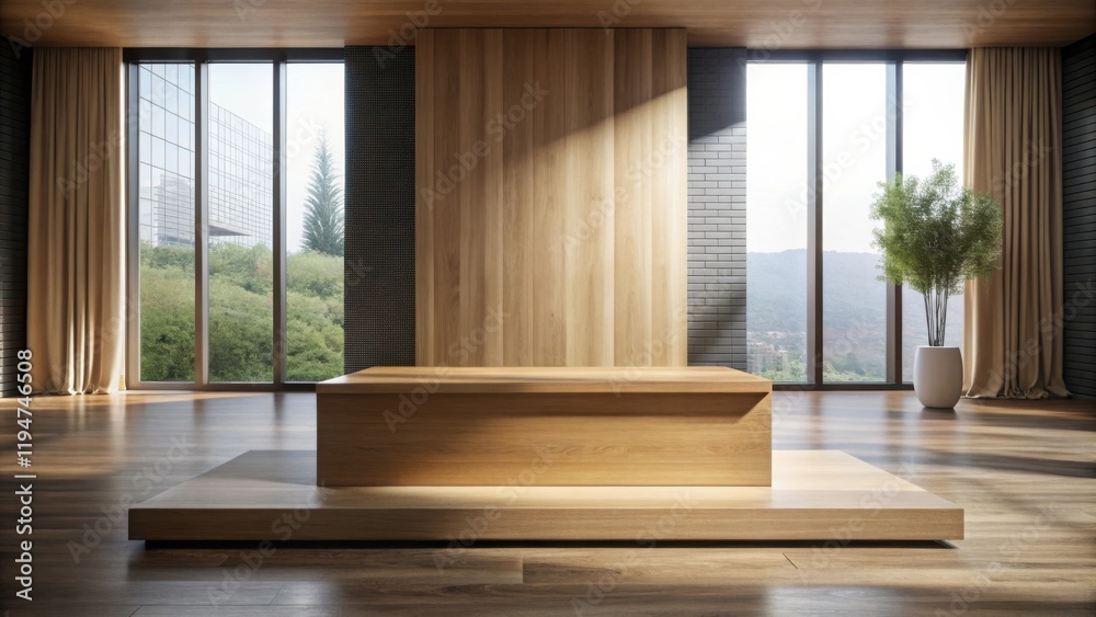 Aufkleber modern minimalist room with wooden display platform and panoramic windows