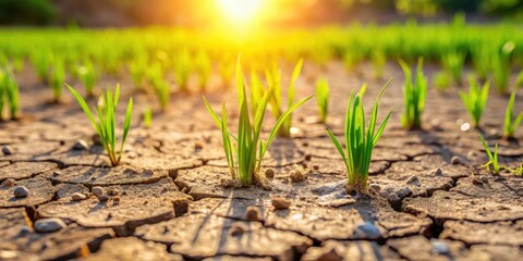 Resilient Seedlings Emerging from Dry Cracked Earth at Golden Hour