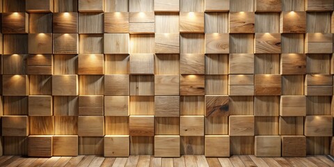 Fototapeta premium Illuminated Wooden Cube Wall Panel Design with Warm Lighting