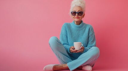 Full length photo of pretty retired female sit floor sunglass coffee wear trendy blue knitwear outfit isolated on pink color background