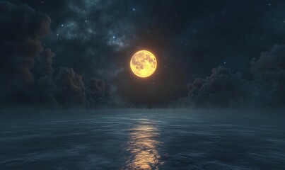 Fototapeta premium Majestic full moon illuminating tranquil ocean waters under starry night sky, surrounded by dramatic clouds
