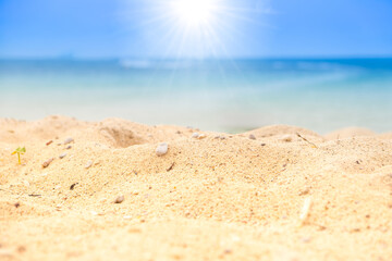 Nature of the beach and sea Summer with sunshine, sandy beaches, clear blue waters sparkling against the blue sky. On an island with good ecology and environment Background for summer vacation