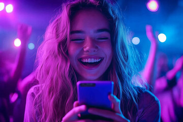 young woman smiles joyfully while using her smartphone in vibrant, neon lit environment. colorful lights create lively atmosphere, enhancing her cheerful expression