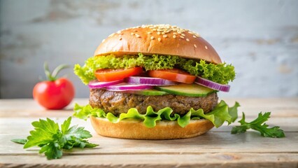 Juicy Veggie Burger on Sesame Seed Bun with Fresh Tomato, Onion, and Cucumber Slices