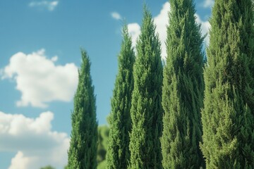 A serene landscape with a row of tall green trees standing against a bright blue sky