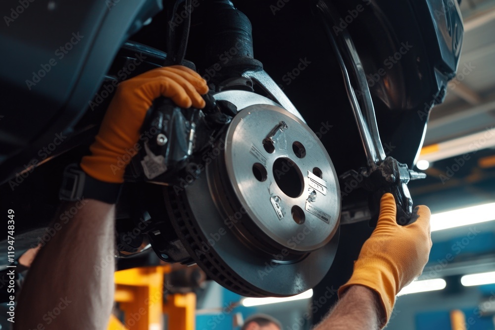 Poster a person repairing or maintaining a vehicle in a garage setting