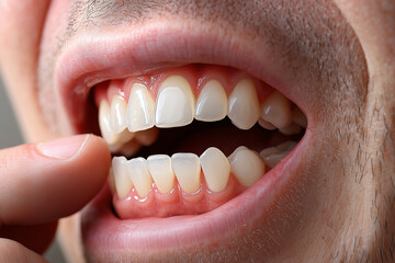 Fototapeta premium Close up of man mouth showing healthy teeth and gums, with finger pointing at teeth, highlighting dental care and hygiene