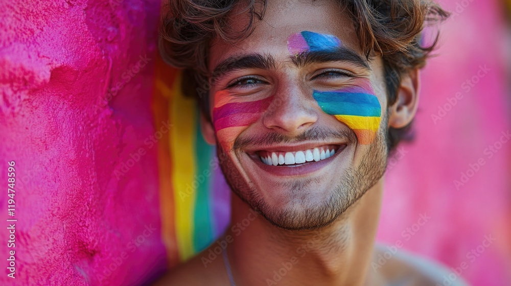 Aufkleber a colorful and playful image of a man with his face painted in bright rainbow colors, great for use 