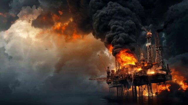Video of a burning oil platform and lots of smoke. Used for news about industrial accidents, environmental disasters, documentaries about oil production.
