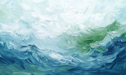 Obraz premium Abstract ocean waves painting with textured brush strokes in shades of blue and green, evoking calmness and serenity