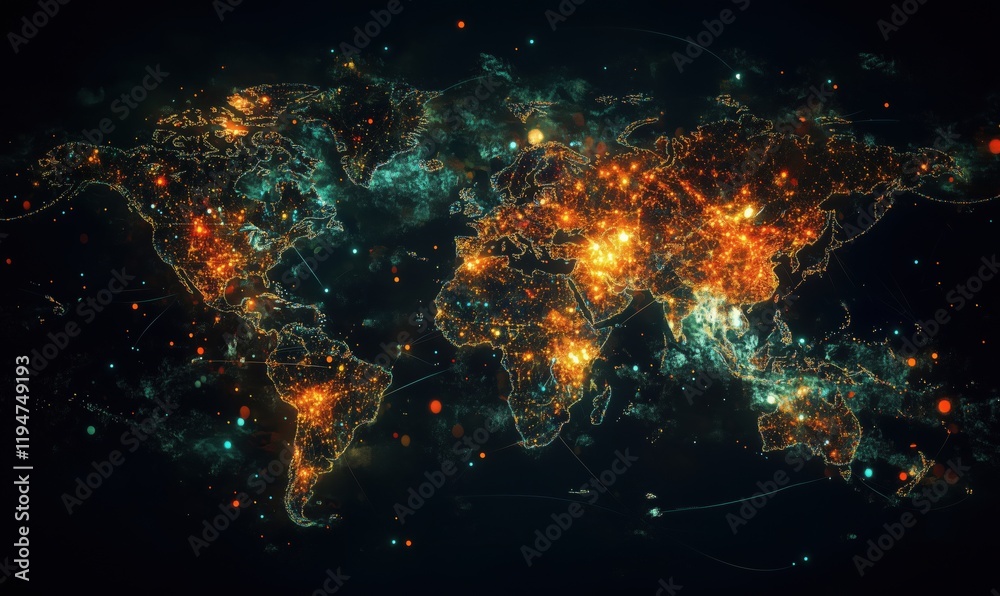 Poster illuminated world map with network connections and data points representing global connectivity and 