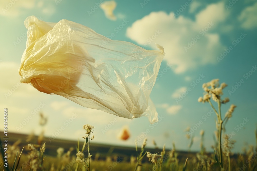 Poster a plastic bag lying in the middle of an open field, often used as a symbol of waste and pollution