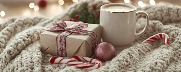 A cozy winter setting featuring a wrapped gift, festive ornaments, a warm drink, and candy canes on a knitted blanket