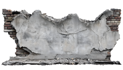 a ruined, collapsed, cracked, or broken concrete brick cement wall, isolated on a transparent background. PNG, cutout, or clipping path.