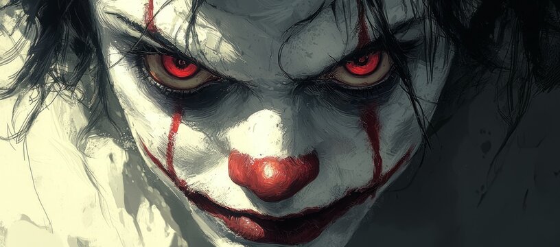 Evil clown close-up, dark background, horror art