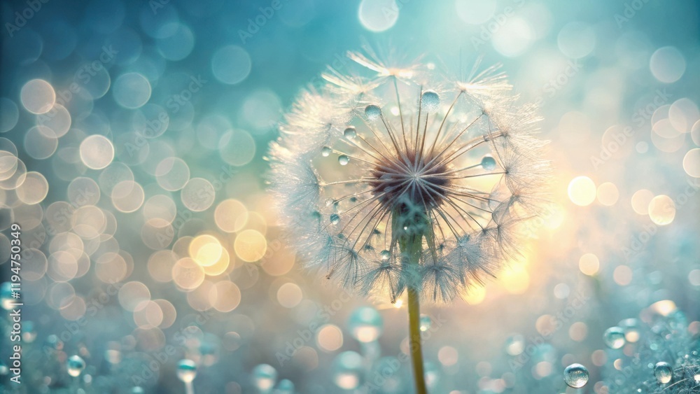Poster delicate dandelion seed head with morning dew drops and soft bokeh background