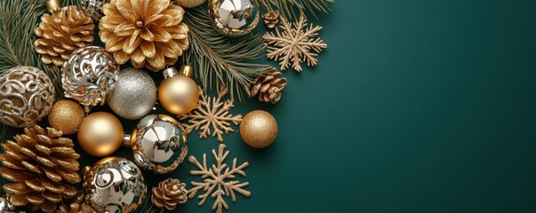 Top view photo of gold and silver christmas tree balls toys cones snowflakes and serpentine on pine branches on isolated green background with copyspace