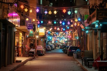  A festive marketplace scene with vendors selling dates, sweets, and Ramadan decor, buzzing with energy and excitement 