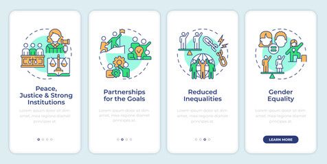 Fototapeta premium Peace and partnerships onboarding mobile app screen. Walkthrough 4 steps editable graphic instructions with linear concepts. UI, UX, GUI template. Montserrat SemiBold, Regular fonts used
