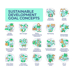 Sustainable development goal multi color concept icons. Social justice, equality. Ecology, finance. Icon pack. Vector images. Round shape illustrations for infographic, presentation. Abstract idea