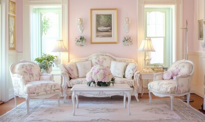Obraz premium Elegant pastel living room with floral decor, vintage furniture, and soft lighting creating a cozy atmosphere