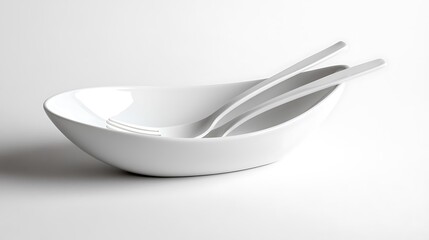 Clean and simple spoon and fork in a white ceramic bowl