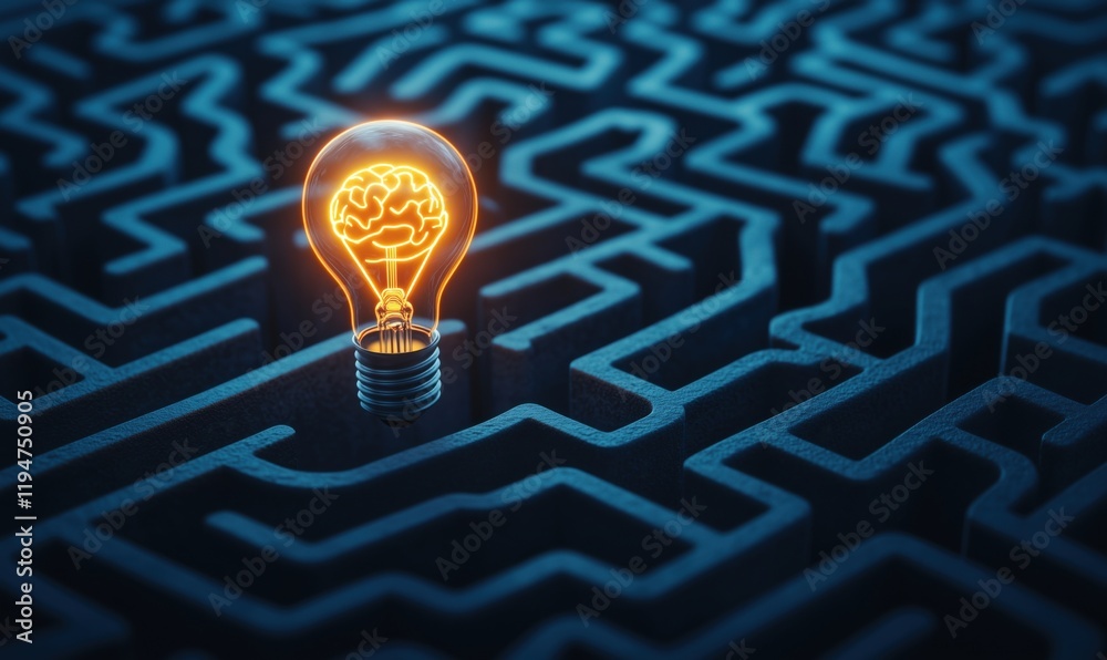 Poster illuminated light bulb with brain design in complex maze symbolizing creativity and problem-solving