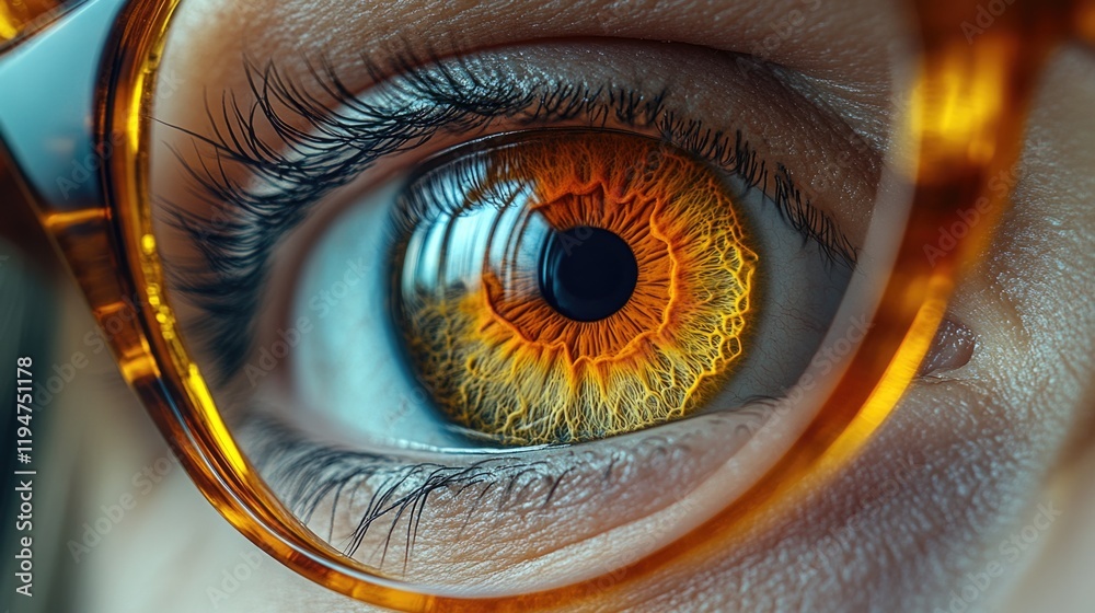 Poster a detailed view of an individual's eye with glasses, suitable for various uses such as editorial or 