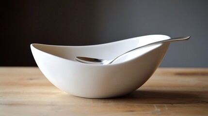 White ceramic bowl containing a spoon and fork