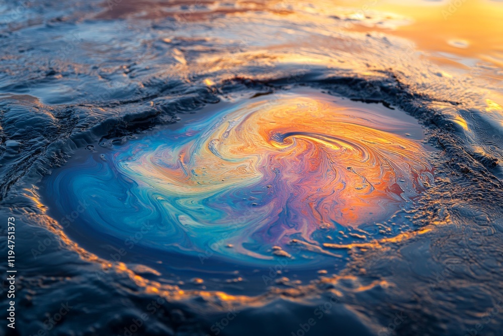 Poster A mesmerizing spiral of rainbow colors floats within a calm pool of water, reflecting soft golden light, creating an inviting abstract visual experience.