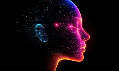 Obraz premium Futuristic digital human profile with glowing circuits and neural connections, showcasing advanced technology and artificial intelligence concepts
