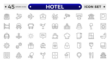 Hotel outline icons set. Rental property icons. Set of hotel booking, five-star hotel, service line vector web icon. Hotel universal set with Building, Parking, Meal. Editable stroke outline icon.